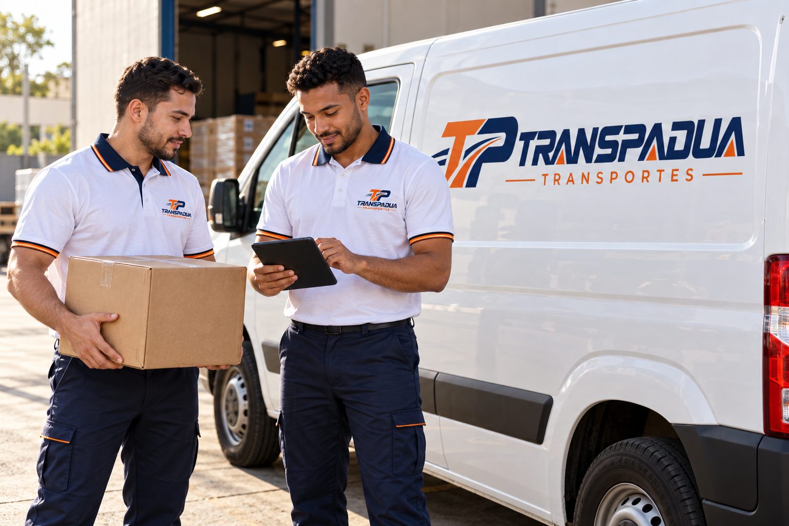 Dois transportadores uniformizados da Trans Padua conferem uma caixa e um dispositivo portátil junto à van da marca